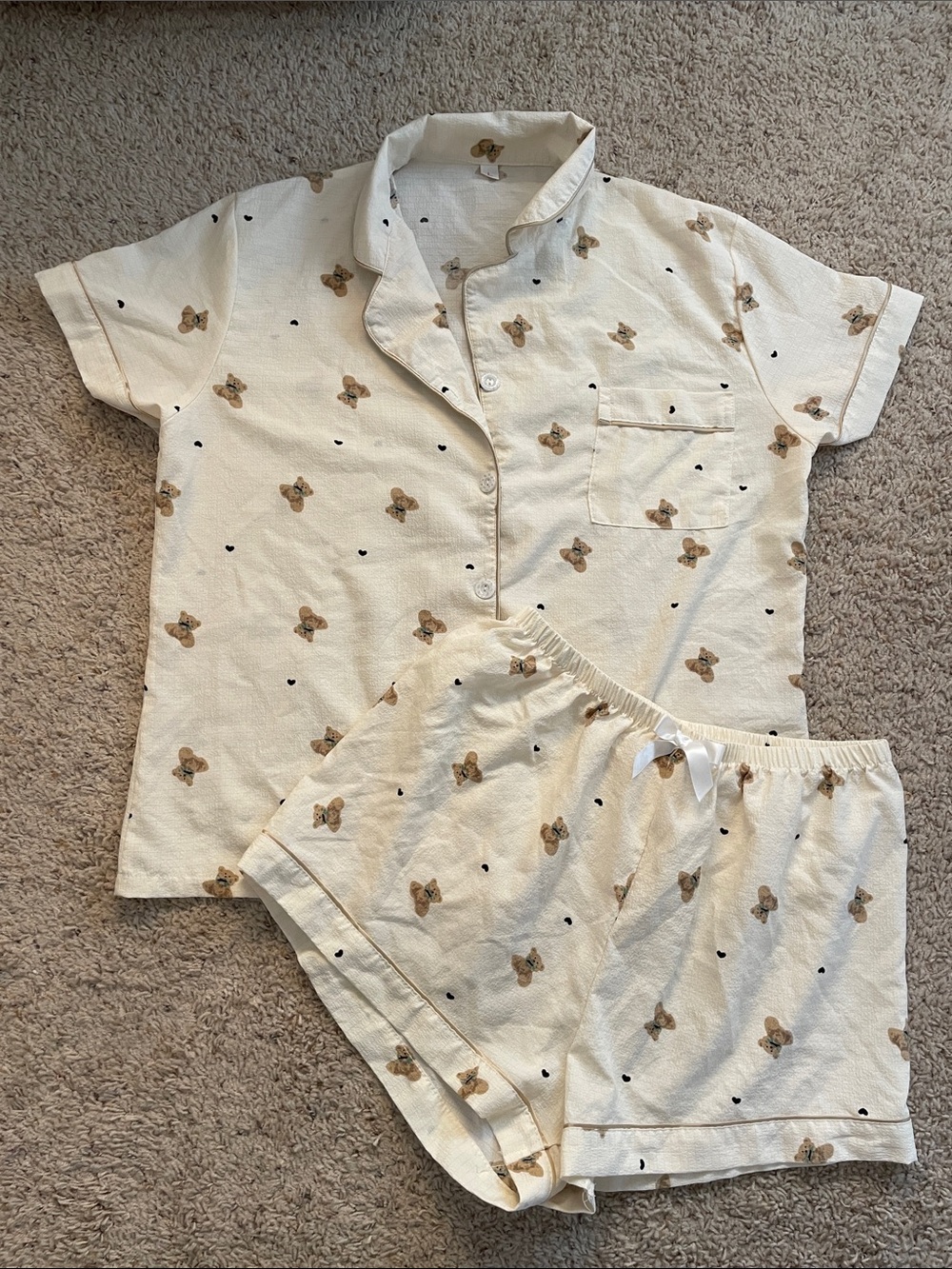Cream Teddy Bear & Heart Print Short-Sleeve Pajama Set